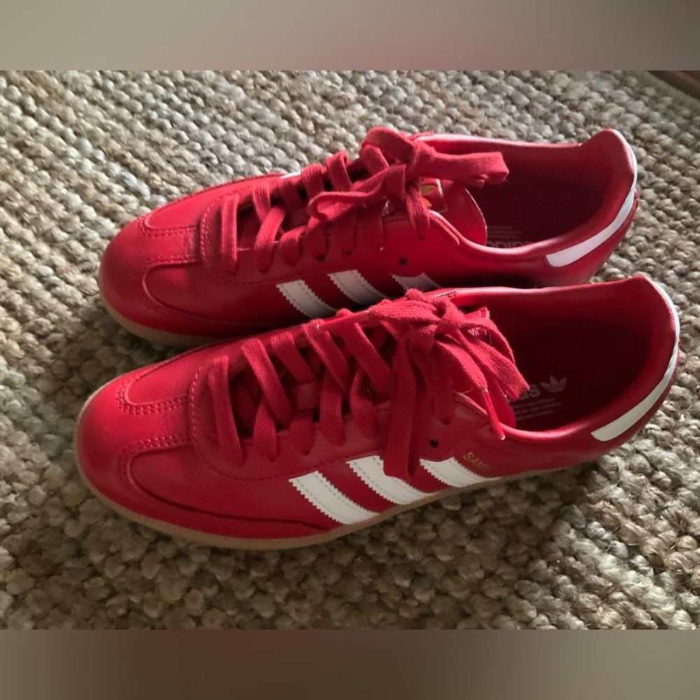 adidas Red Samba Sneakers with White Stripes - Picture 2 of 11